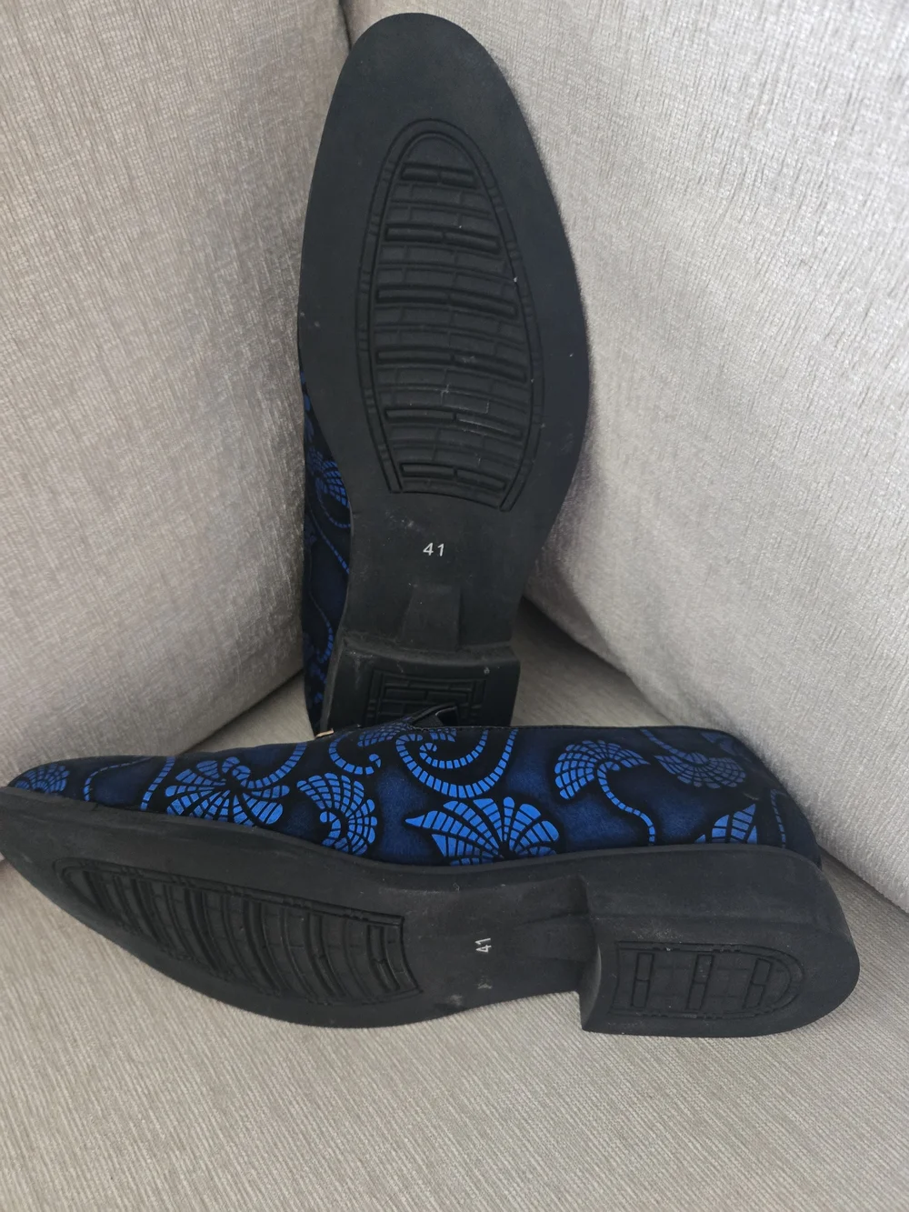 Blue Floral Pattern Men's Slip-On Loafers with Gold Bit